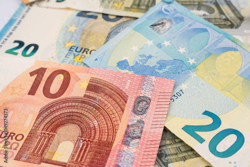 Euro banknotes background. Euro cash background. Background from several euro paper cash. Banknote texture. photo