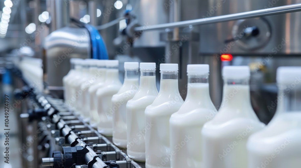 Obraz premium Milk Bottles Moving Along a Conveyor Belt in a Factory