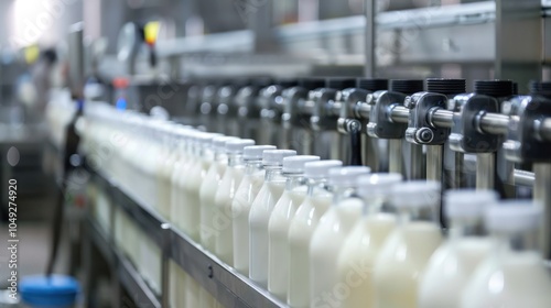 Milk Bottles Moving Along a Conveyor Belt in a Factory