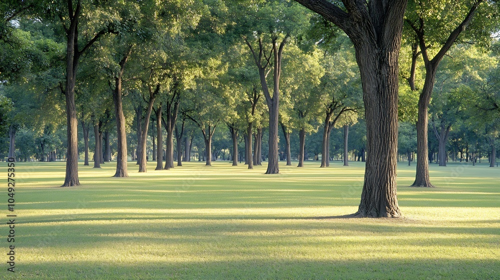 Obraz premium Serene Park with Lush Trees and Shadow Patterns at Sunset Creating a Tranquil Atmosphere : Generative AI