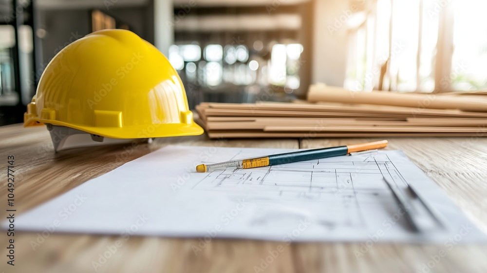 Engineering Blueprint and Safety Helmet in Modern Industrial Office Environment : Generative AI Engineering Blueprint and Safety Helmet in Modern Industrial Office Environment : Generative AI