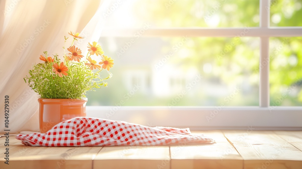 Bright and Cheerful Kitchen Window View With Vibrant Flowers and Soft Sunlight Streaming Indoors : Generative AI Bright and Cheerful Kitchen Window View With Vibrant Flowers and Soft Sunlight Streaming Indoors : Generative AI