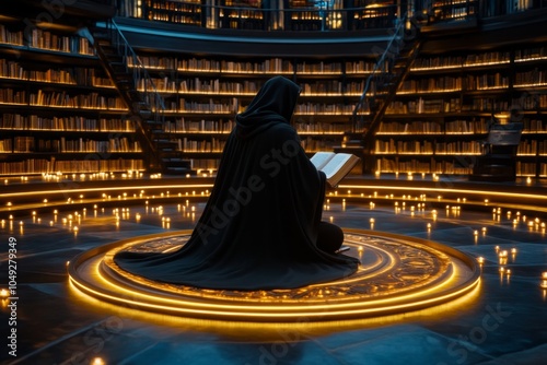 A dark sorcerer taking time to study an ancient tome in a gothic library, with towering bookshelves and flickering candles photo