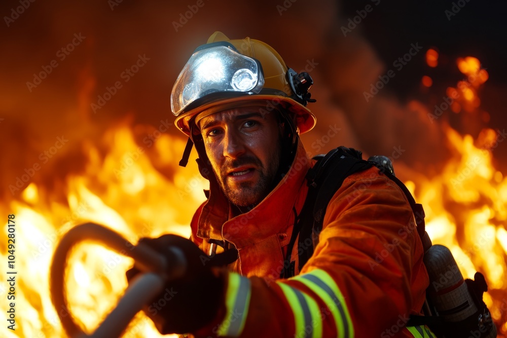 A firefighter taking control of a hose, battling flames in a dramatic rescue scene with smoke filling the air