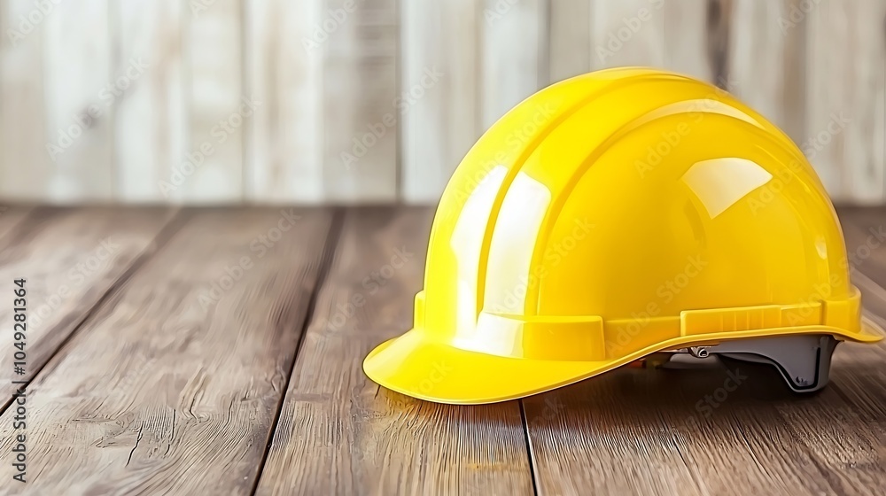 CloseUp of Yellow Safety Helmet on Wooden Surface Symbolizing Workplace Safety and Construction : Generative AI CloseUp of Yellow Safety Helmet on Wooden Surface Symbolizing Workplace Safety and Construction : Generative AI