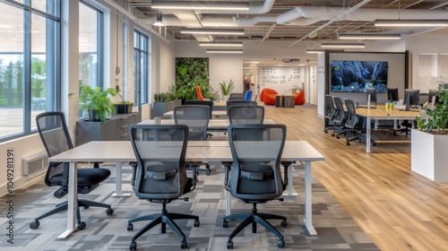 Modern Office Interior with Desk, Chairs, and Windows