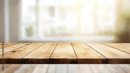 Sunlit Wooden Table in Bright and Airy Modern Kitchen Interior : Generative AI photo