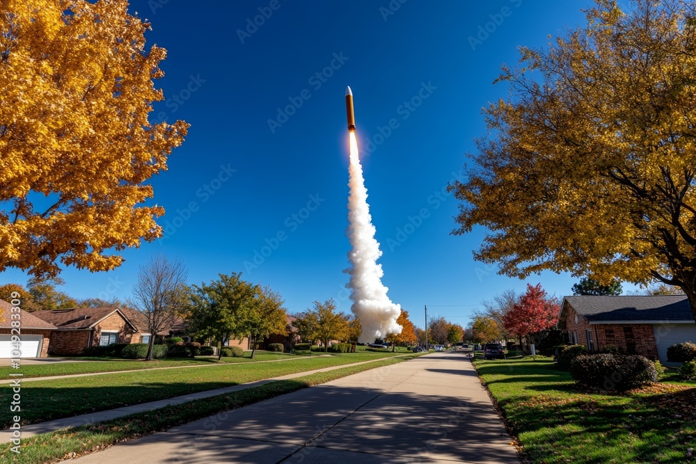 Obraz premium A model rocket taking off from a backyard, trailing smoke as it shoots into the clear blue sky