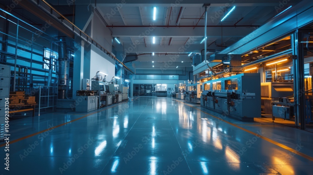 Industrial Factory Interior with Shiny Floor and Machinery