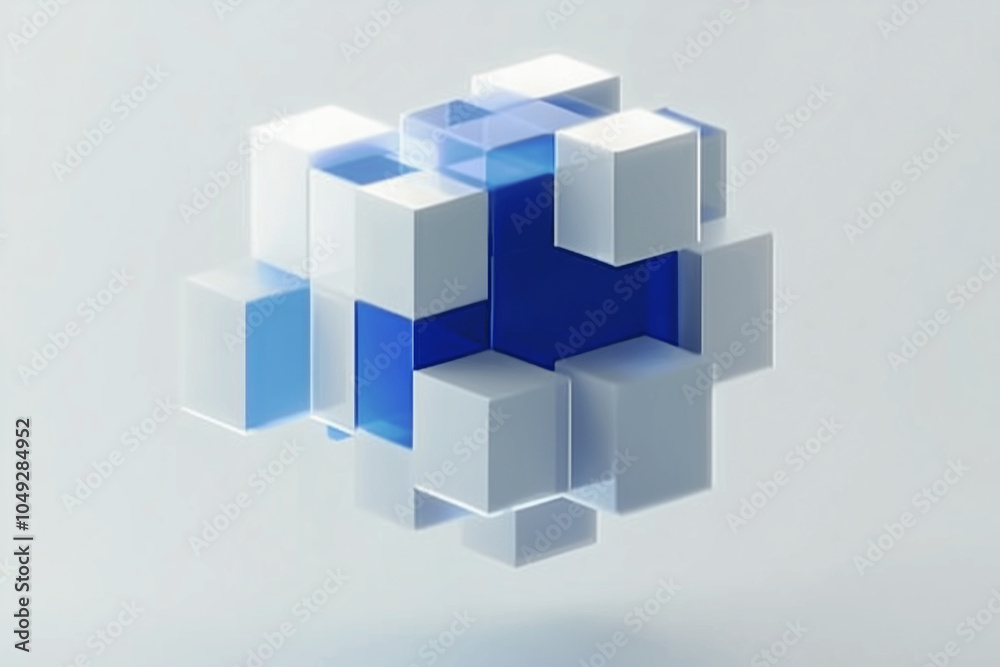 A blue and white logo featuring an abstract cube with rounded edges made up of smaller cubes in shades of gray, blue, and silver.