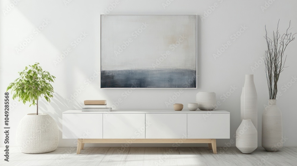 Minimalist Living Room Decor with White Cabinet, Abstract Painting, and Ceramic Vases Minimalist Living Room Decor with White Cabinet, Abstract Painting, and Ceramic Vases