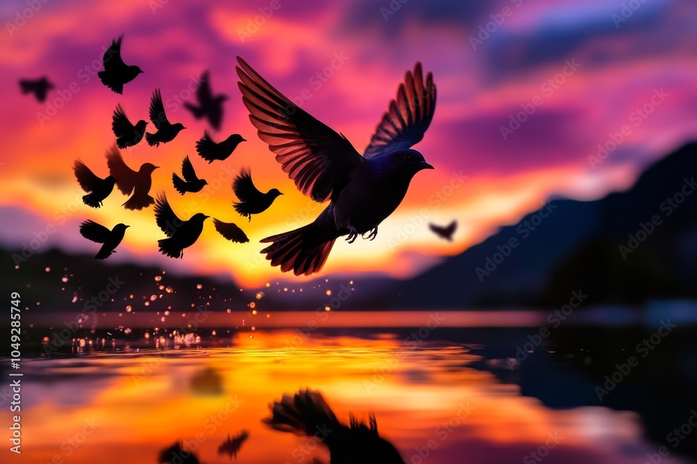 Fototapeta premium A soft watercolor painting of birds taking off from a quiet lake at dawn, with the colors of the sky and water blending gently together