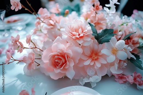 A soft watercolor scene of a wedding reception taking place in a garden, with guests mingling and flowers blooming around them photo