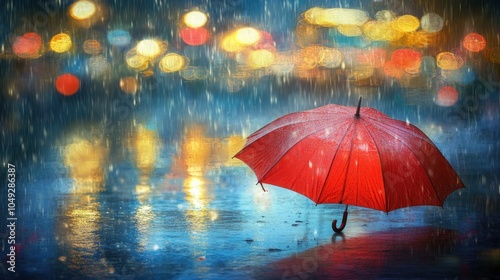 Wallpaper Mural A lone red umbrella stands on a rainy city street with blurred lights in the background. Torontodigital.ca