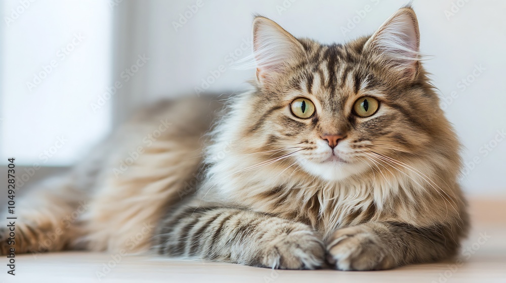 Majestic LongHaired Cat with Golden Eyes Relaxing Indoors on Floor : Generative AI Majestic LongHaired Cat with Golden Eyes Relaxing Indoors on Floor : Generative AI