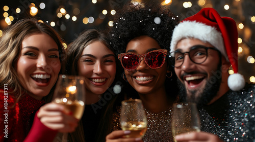 Colleagues gathering for a fun holiday-themed photo booth setup – A scene of joy and laughter as employees take creative photos, fostering friendship and connection through fun act