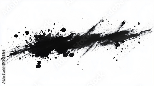 Black paint stroke with splatters on white background