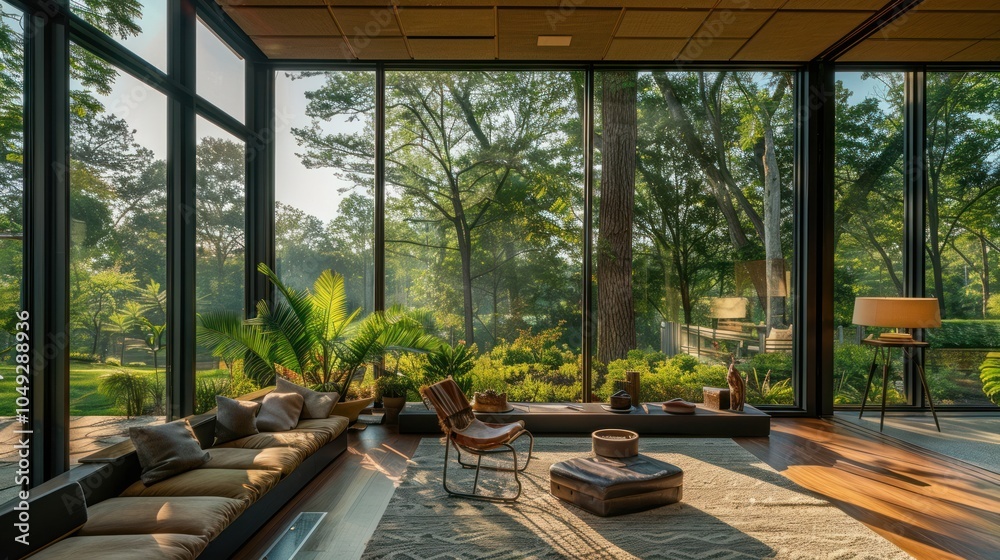 Modern Living Room with Large Windows Overlooking a Wooded Landscape Modern Living Room with Large Windows Overlooking a Wooded Landscape
