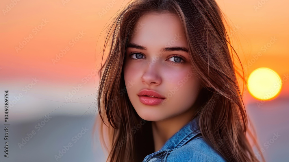 A serene portrait of a young woman against a vibrant beach sunset, capturing the essence of tranquility and beauty. A serene portrait of a young woman against a vibrant beach sunset, capturing the essence of tranquility and beauty.