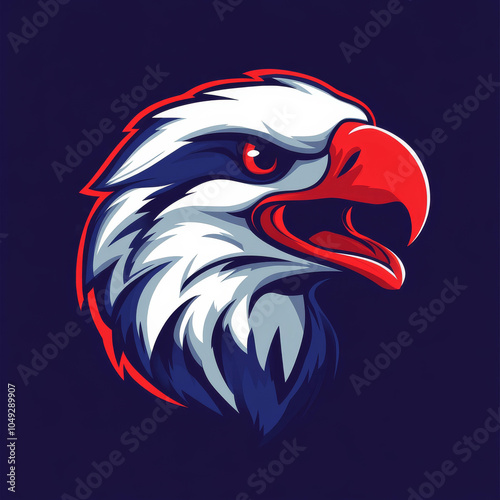 Cartoon animal character, red, white, and blue eagle head with a sharp beak and open mouth, vector sticker style photo