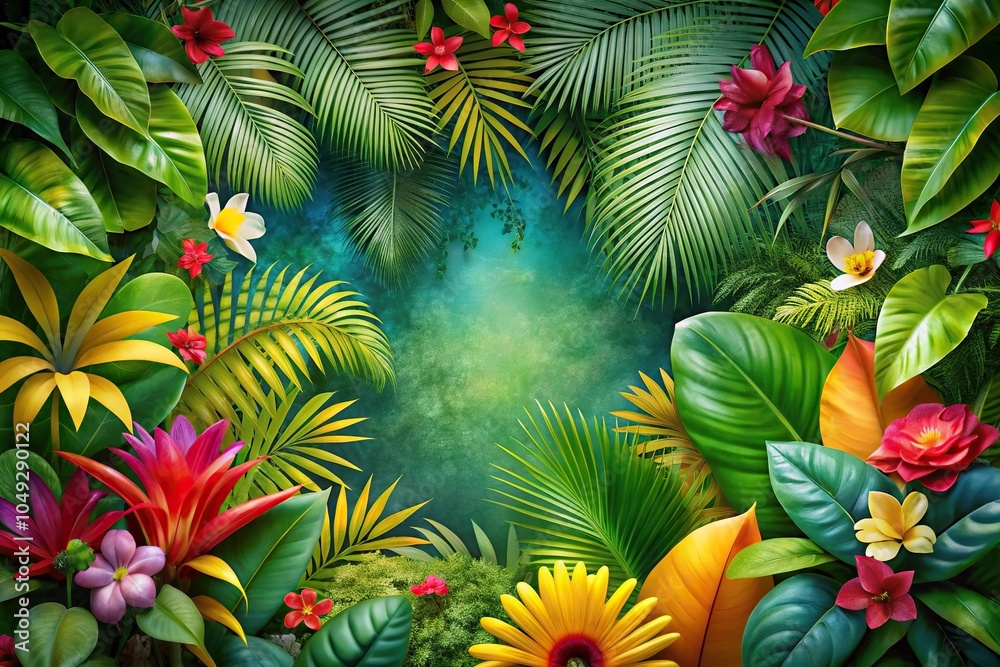 Tropical botanical and summer flower rain forest background, asymmetrical