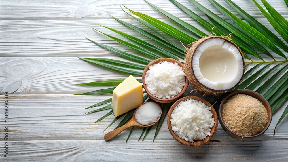 Tropical coconut and palm leaf composition Tropical coconut and palm leaf composition