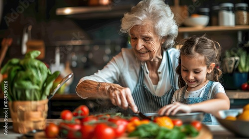 Grandmother and Granddaughter Cooking in Modern Kitchen with Smiles