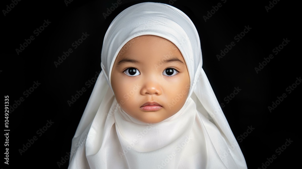 An Indonesian girl child shines in a pure white Islamic missionary costume, her elegance contrasted against a black backdrop.