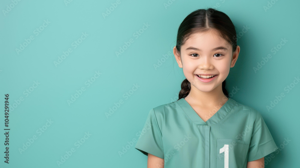 A joyful little girl in a green nurse uniform beams with laughter against a soft pastel backdrop. A joyful little girl in a green nurse uniform beams with laughter against a soft pastel backdrop.