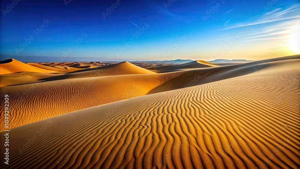 Naklejka premium Vast desert landscape with rolling dunes under a clear blue sky, symmetrical and peaceful