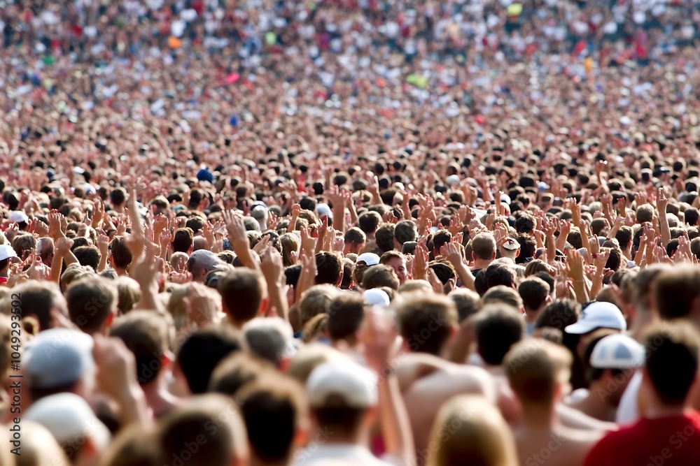 Obraz premium Large enthusiastic crowd at a concert raising hands in a vibrant display of excitement and energy : Generative AI