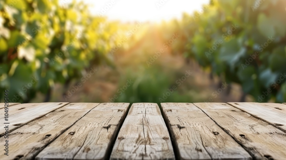 An empty wooden table awaits product display, set against a beautifully blurred vineyard backdrop. An empty wooden table awaits product display, set against a beautifully blurred vineyard backdrop.