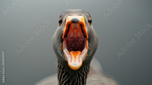 A fierce goose shows its rage with a wideopen beak, ready to attack anything that dares approach. photo