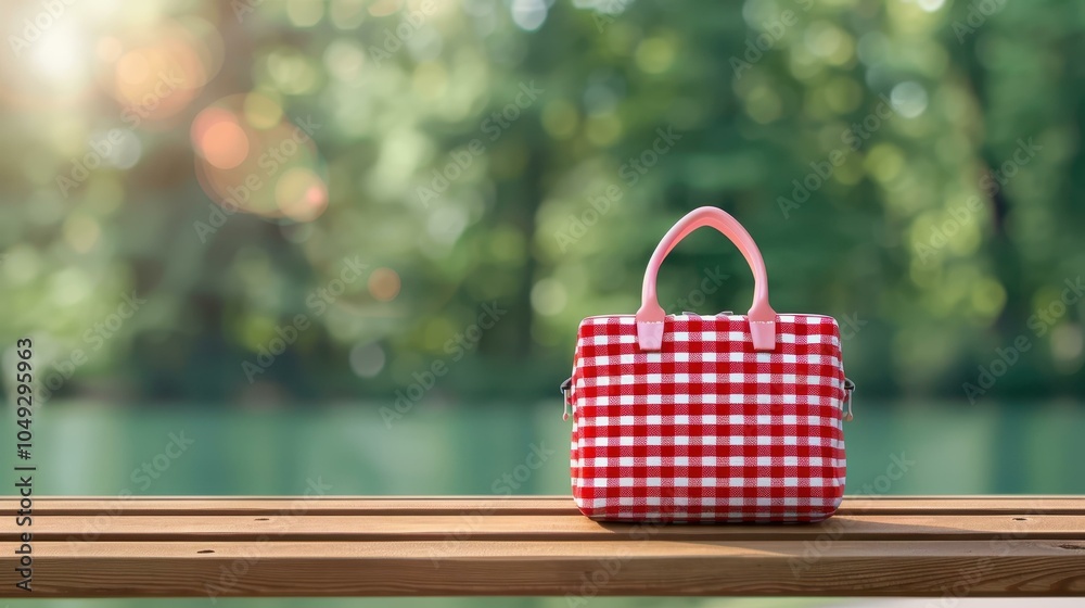 A checkered picnic bag rests on a park bench, waiting for a delightful outdoor lunch by the serene lake. A checkered picnic bag rests on a park bench, waiting for a delightful outdoor lunch by the serene lake.