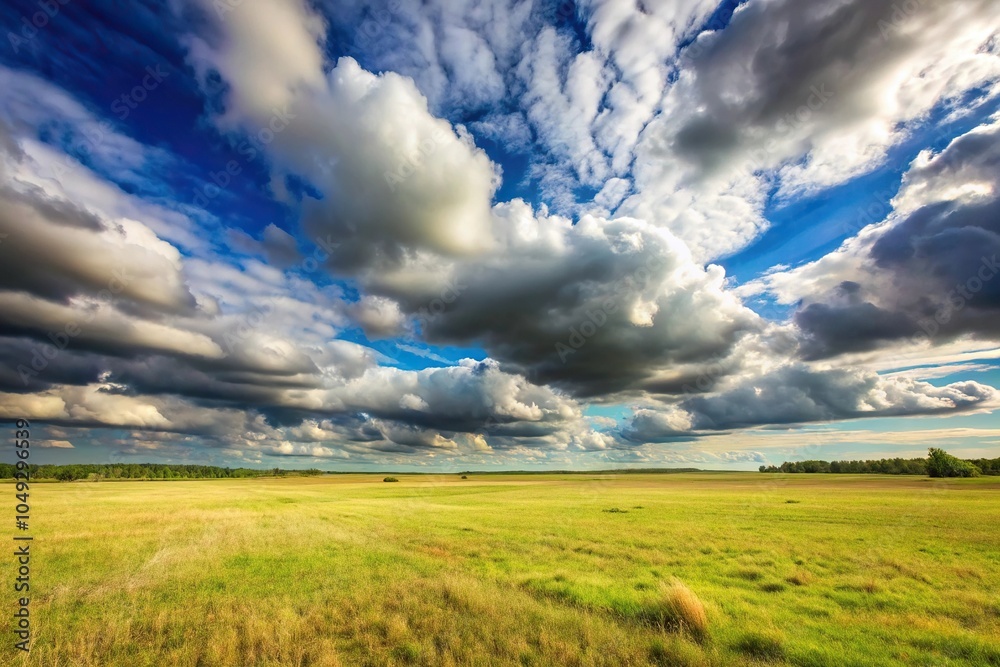 Obraz premium Wide-angle shot of open field under cloudy sky
