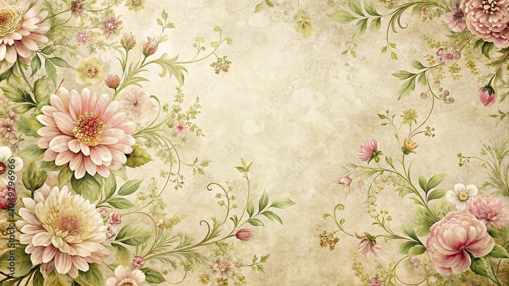 Fototapeta A delicate and intricate flower pattern on a vintage-inspired background, illustration, vintage, painting, ornate