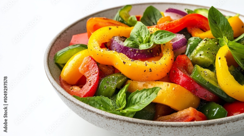 A colorful pepper salad served in a bowl, showcasing fresh ingredients and bright colors against a pristine white backdrop A colorful pepper salad served in a bowl, showcasing fresh ingredients and bright colors against a pristine white backdrop