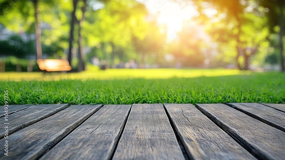 Idyllic morning sunlight over park with wooden path foreground : Generative AI Idyllic morning sunlight over park with wooden path foreground : Generative AI