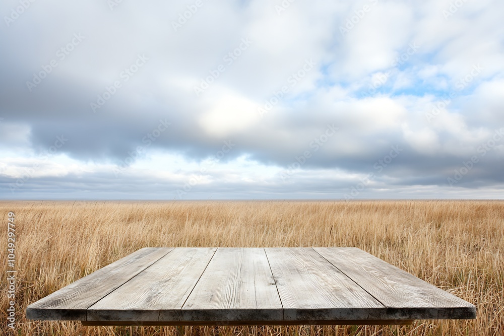 Scenic Rural Landscape with Rustic Wooden Table Under Expansive Sky and Dramatic Clouds : Generative AI Scenic Rural Landscape with Rustic Wooden Table Under Expansive Sky and Dramatic Clouds : Generative AI
