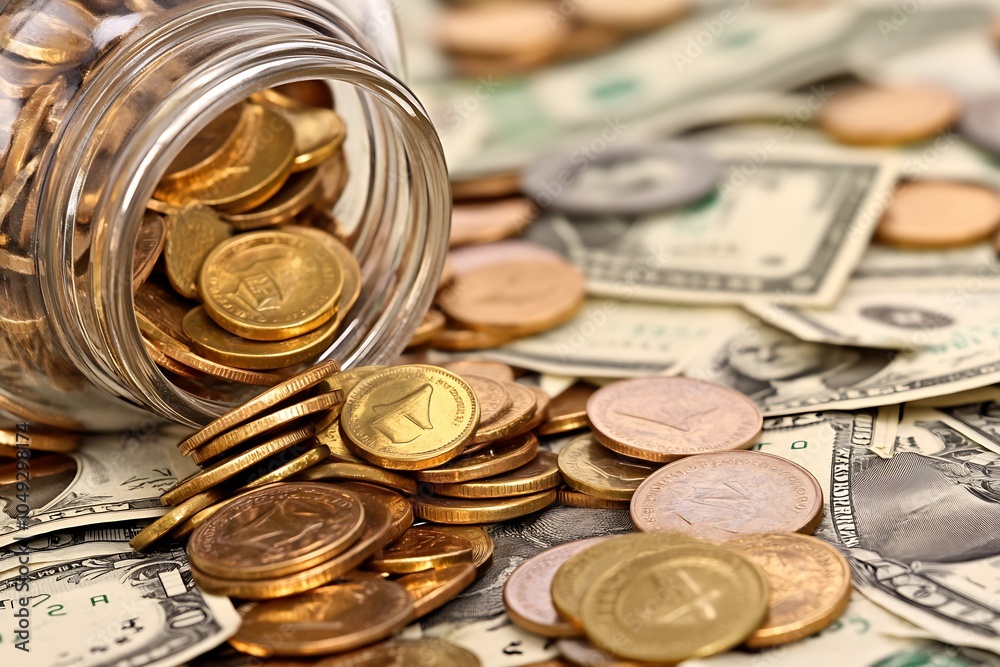 Overflowing Jar of Coins with American Currency Spread Across Surface on Wooden Table : Generative AI Overflowing Jar of Coins with American Currency Spread Across Surface on Wooden Table : Generative AI