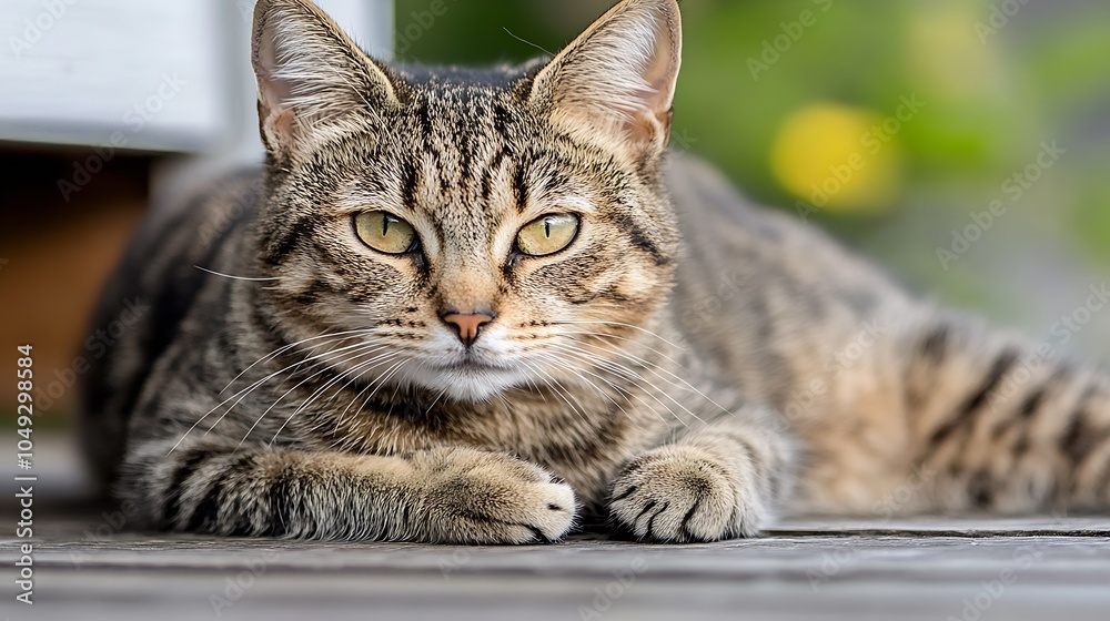 Charming Tabby Cat Laying on Wooden Deck in Sunlit Garden with Intense Stare : Generative AI Charming Tabby Cat Laying on Wooden Deck in Sunlit Garden with Intense Stare : Generative AI