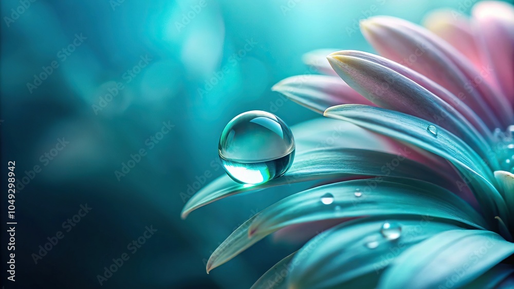 A delicate teal droplet of water clings to the edge of a flower petal, subtle colors, flower petal