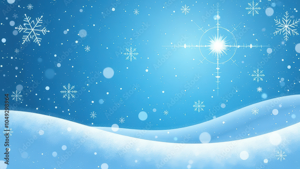 A serene winter landscape with gently falling snowflakes and sparkling light on a clear blue sky A serene winter landscape with gently falling snowflakes and sparkling light on a clear blue sky