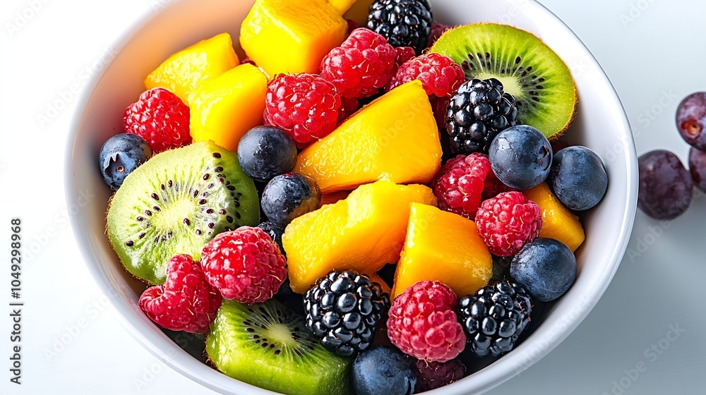 Obraz premium Colorful Assorted Fruit Bowl Highlighting Fresh Ripe Berries and Tropical Kiwi : Generative AI