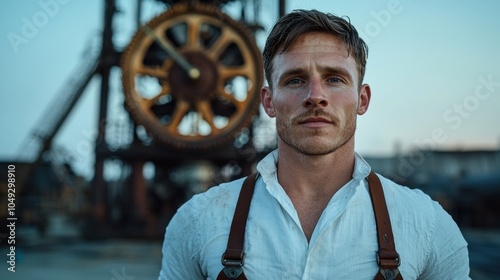 rugged man with serious expression stands in front of old machinery