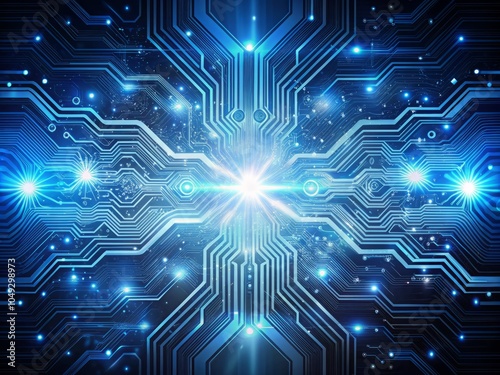 Digital Circuit Board Background with Flowing Bright Silver and Electric Blue Lines and Patterns