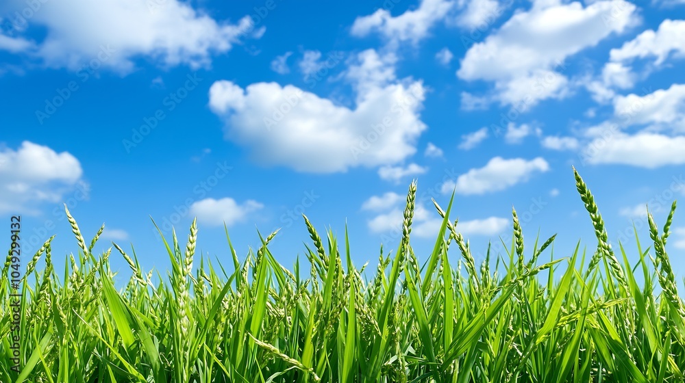 Vibrant Green Wheat Field Under Clear Blue Sky with Fluffy Clouds on a Sunny Day : Generative AI Vibrant Green Wheat Field Under Clear Blue Sky with Fluffy Clouds on a Sunny Day : Generative AI