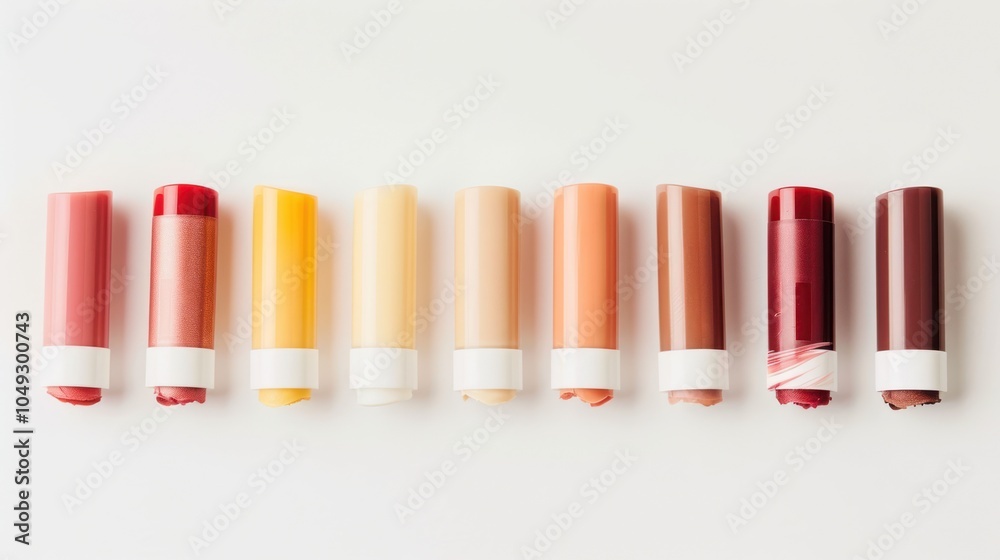 Row of Colorfully Rolled Lip Balms on a White Background Row of Colorfully Rolled Lip Balms on a White Background