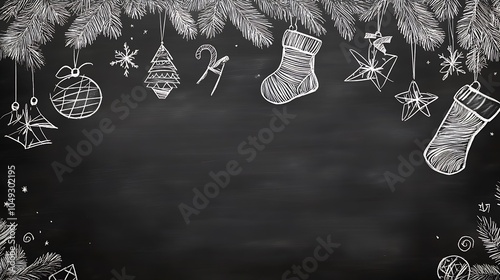 Charming Chalkboard Christmas Design with Hand Sketched Ornaments and Fir Branches for Festive Cheer : Generative AI photo