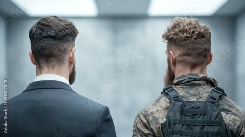 two men with different hairstyles and attire